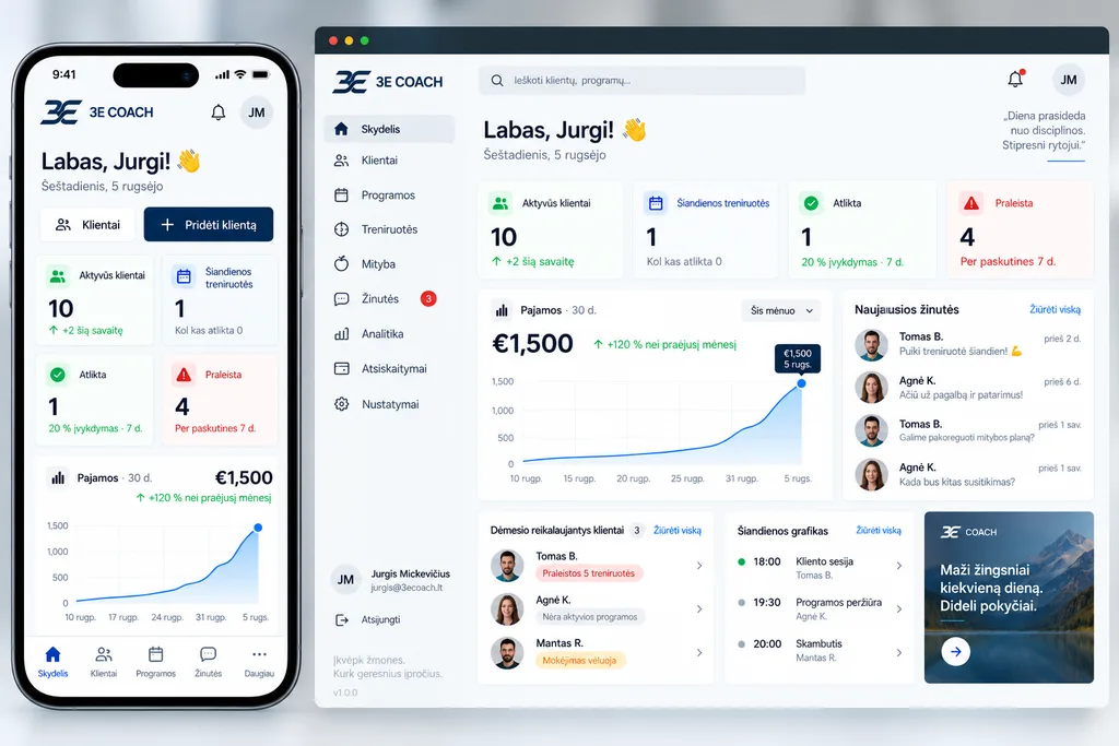 3E GROUP programėlė: treniruočių dienoraštis ir mitybos sekimas telefone ir kompiuteryje