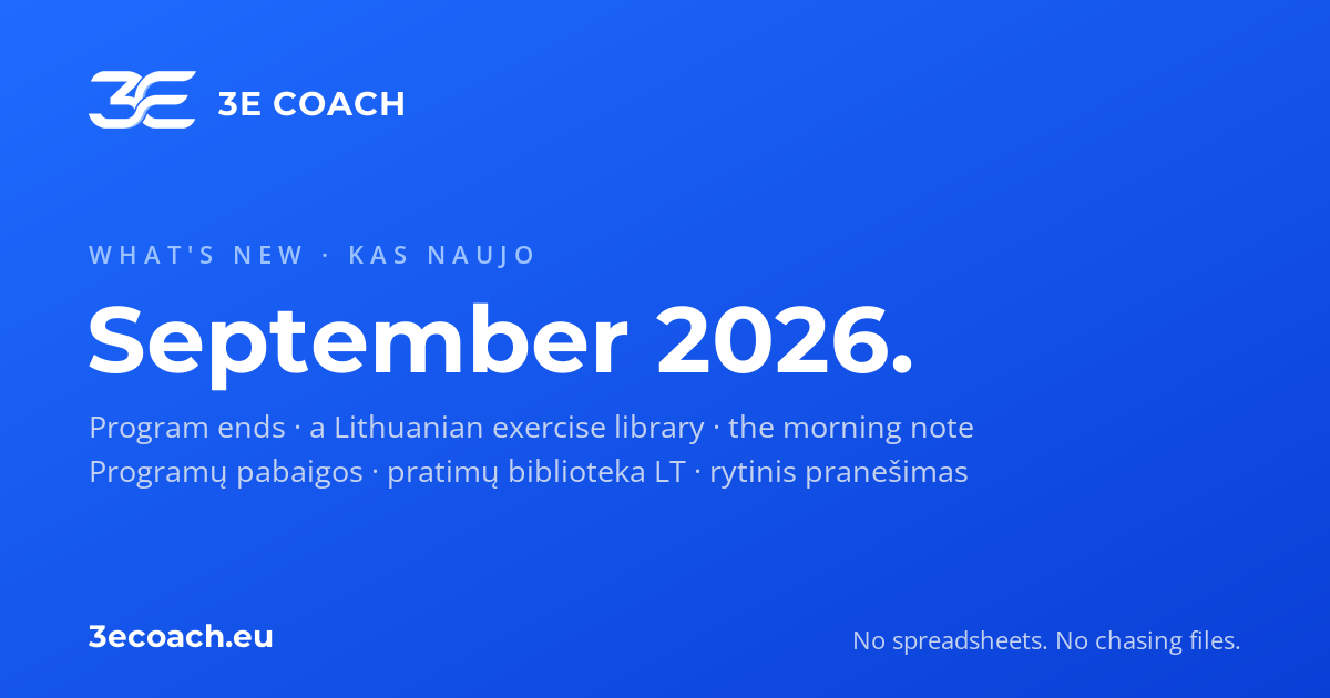 3E COACH: kas naujo 2026 m. rugsėjį — programų pabaigos, pratimų biblioteka lietuviškai, rytinis pranešimas